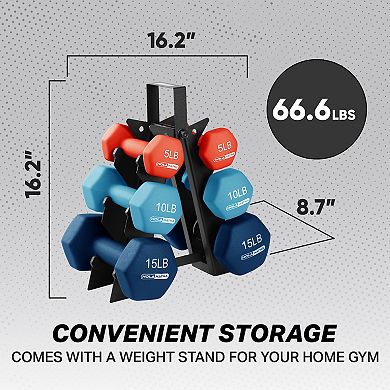 Holahatha 5, 10, And 15 Pound Neoprene Dumbbell Weight Set With Storage Rack