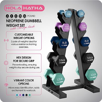 Holahatha 3, 5, 8, 10 & 12 Pound Neoprene Dumbbell Weight Set With Storage Rack