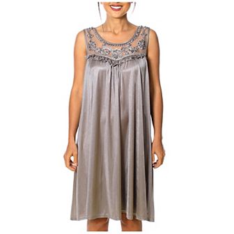 Women's Silky Feeling Sleeveless Nightgown With Sequins And Ribbon Roses Design
