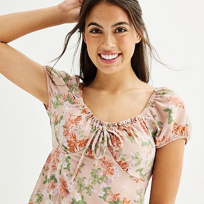 pink peasant dress Unique Vintage Gathered Knit Swing Pink & Black Chiffon Floral