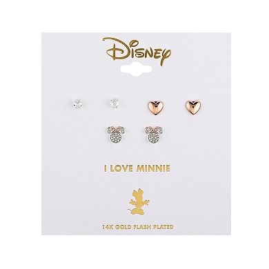 Disney's Minnie Mouse Two Tone Cubic Zirconia Heart Stud Earring Trio Set