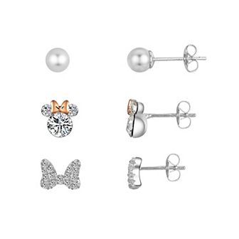 Disney's Minnie Mouse Bow Two Tone Simulated Pearl Stud Earring Trio Set