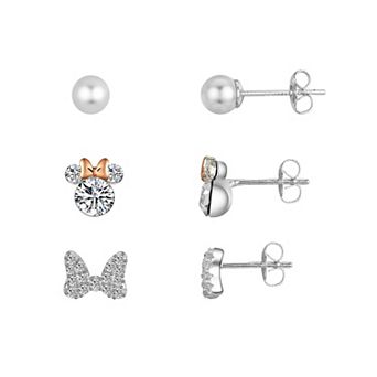 Disney's Minnie Mouse Bow Two Tone Simulated Pearl Stud Earring Trio Set