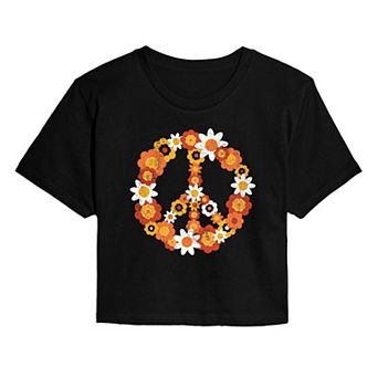 Juniors' Distressed Retro Flower Peace Sign Cropped Tee