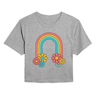 Juniors' Flowers And Rainbow Cropped Tee