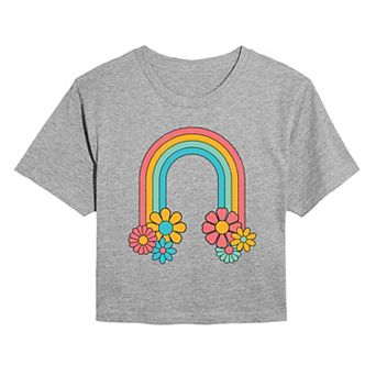 Juniors' Flowers And Rainbow Cropped Tee
