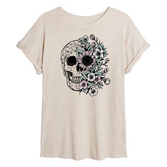 Juniors' Half Skull Half Flowers Oversized Tee