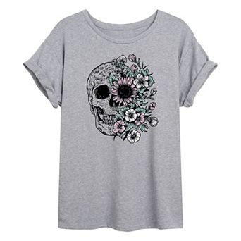 Juniors' Half Skull Half Flowers Oversized Tee