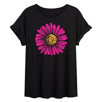 Juniors' Pink Yellow Daisy Oversized Tee