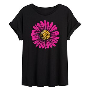Juniors' Pink Yellow Daisy Oversized Tee