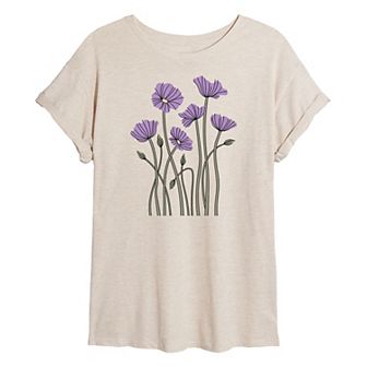 Juniors' Abstract Purple Poppies Oversized Tee