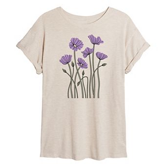 Juniors' Abstract Purple Poppies Oversized Tee