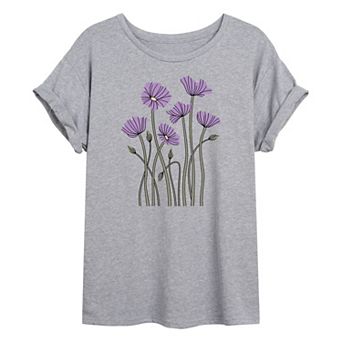 Juniors' Abstract Purple Poppies Oversized Tee