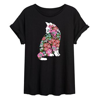 Juniors' Floral Filled Cat Oversized Tee