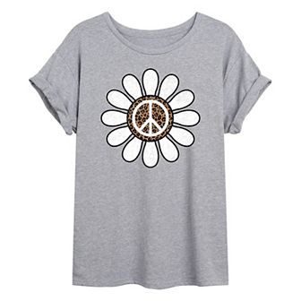 Juniors' Peace Daisy Leopard Print Oversized Tee