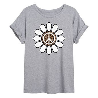 Juniors' Peace Daisy Leopard Print Oversized Tee