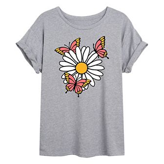 Juniors' Butterflies On Daisy Oversized Tee