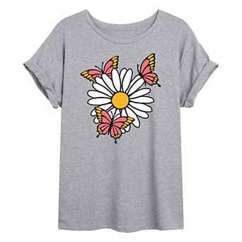 Juniors' Butterflies On Daisy Oversized Tee