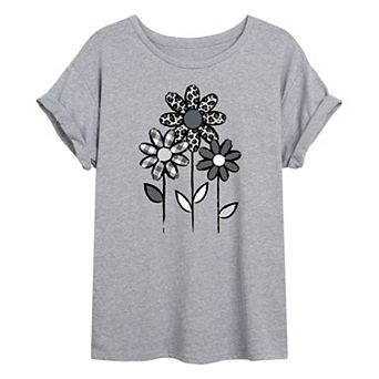 Juniors' Gray Patterned Flowers Oversized Tee