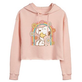 Juniors' Peanuts Snoopy & Woodstock Retro Flower Rainbow Cropped Hoodie