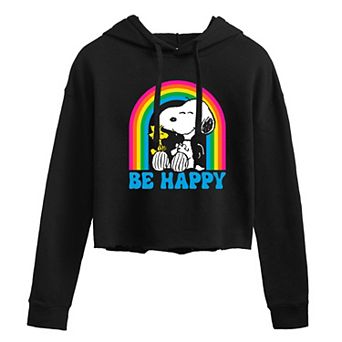 Juniors' Peanuts Snoopy & Woodstock Be Happy Rainbow Cropped Hoodie