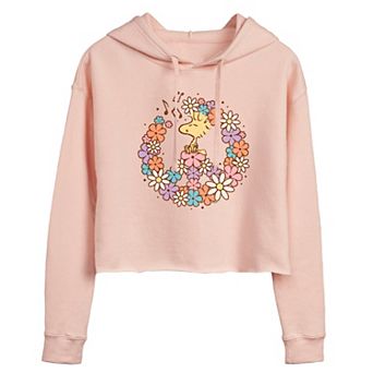 Juniors' Peanuts Woodstock Floral Peace Sign Cropped Hoodie