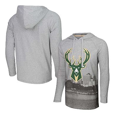 Men's Stadium Essentials Heather Gray Milwaukee Bucks Atrium Raglan Long Sleeve Hoodie T-Shirt