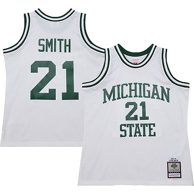 Men's Mitchell & Ness Steve Smith White Michigan State Spartans 125th Basketball Anniversary 1990 Throwback Fashion Jersey