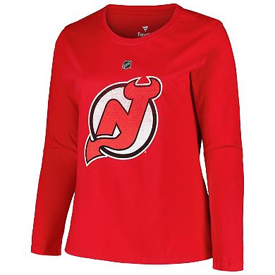 Women's Profile Jack Hughes Red New Jersey Devils Plus Size Name & Number Long Sleeve T-Shirt