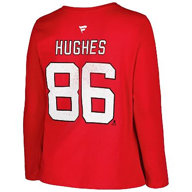 Women's Profile Jack Hughes Red New Jersey Devils Plus Size Name & Number Long Sleeve T-Shirt