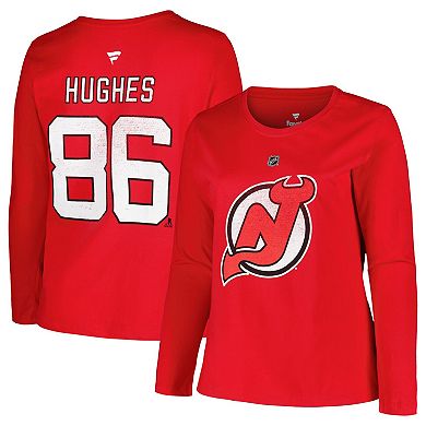 Women's Profile Jack Hughes Red New Jersey Devils Plus Size Name & Number Long Sleeve T-Shirt