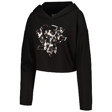 Women's Majestic Threads Sidney Crosby Black Pittsburgh Penguins Leopard Print Name & Number Cropped Pullover Hoodie