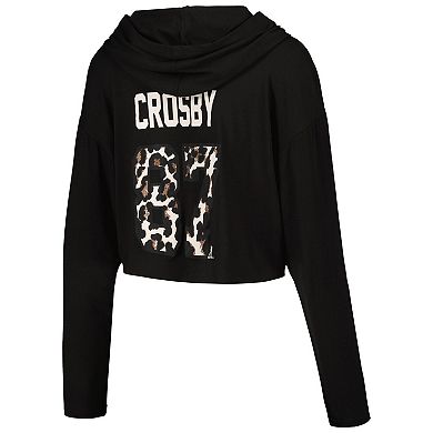 Women's Majestic Threads Sidney Crosby Black Pittsburgh Penguins Leopard Print Name & Number Cropped Pullover Hoodie