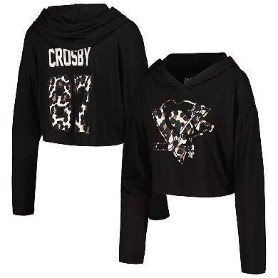 Women's Majestic Threads Sidney Crosby Black Pittsburgh Penguins Leopard Print Name & Number Cropped Pullover Hoodie