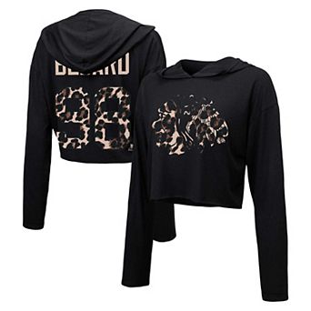 Women's Majestic Threads Connor Bedard Black Chicago Blackhawks Leopard Print Name & Number Cropped Pullover Hoodie