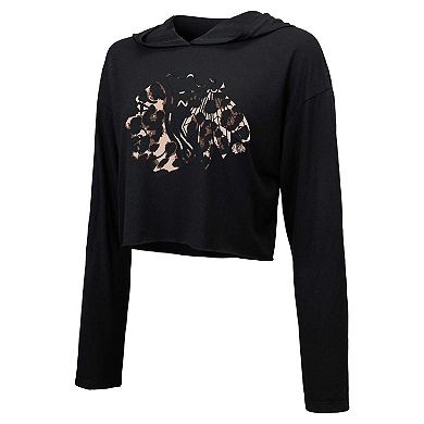 Women's Majestic Threads Connor Bedard Black Chicago Blackhawks Leopard Print Name & Number Cropped Pullover Hoodie