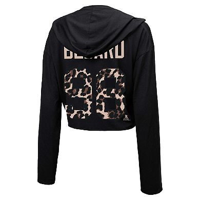 Women's Majestic Threads Connor Bedard Black Chicago Blackhawks Leopard Print Name & Number Cropped Pullover Hoodie