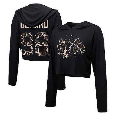 Women's Majestic Threads Connor Bedard Black Chicago Blackhawks Leopard Print Name & Number Cropped Pullover Hoodie