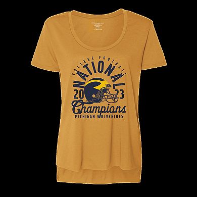 Women's  Maize Michigan Wolverines College Football Playoff 2023 National Champions Festival Mascot Overlay Scoop Neck T-Shirt