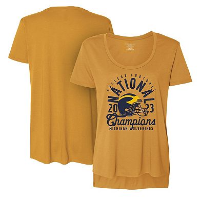 Women's  Maize Michigan Wolverines College Football Playoff 2023 National Champions Festival Mascot Overlay Scoop Neck T-Shirt