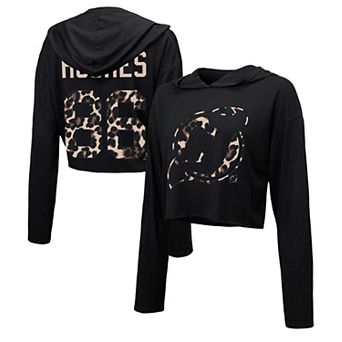Women's Majestic Threads Jack HughesÂ Black New Jersey Devils Leopard Print Name & Number Cropped Pullover Hoodie