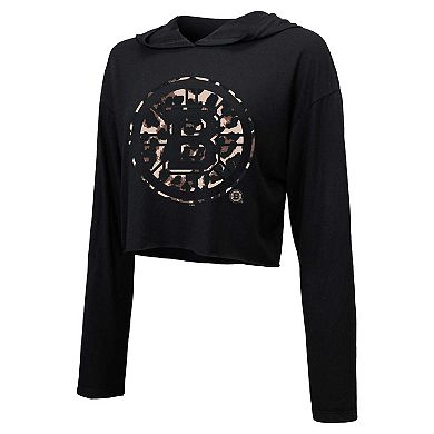 Women's Majestic Threads David Pastrnak Black Boston Bruins Leopard Print Name & Number Cropped Pullover Hoodie