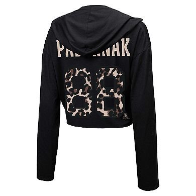 Women's Majestic Threads David Pastrnak Black Boston Bruins Leopard Print Name & Number Cropped Pullover Hoodie