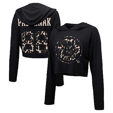 Women's Majestic Threads David Pastrnak Black Boston Bruins Leopard Print Name & Number Cropped Pullover Hoodie