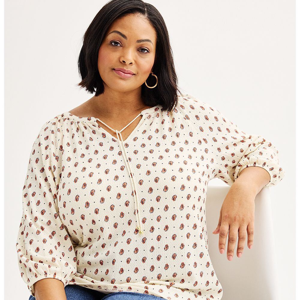 Plus Size Croft & Barrow® Lace Neck 3/4-Sleeve Peasant Top