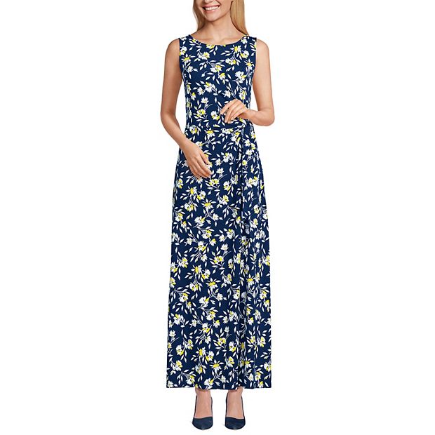 Lands End Women s Petite Sleeveless Tie Waist Maxi Dress Medium Deep Sea Navy Floral