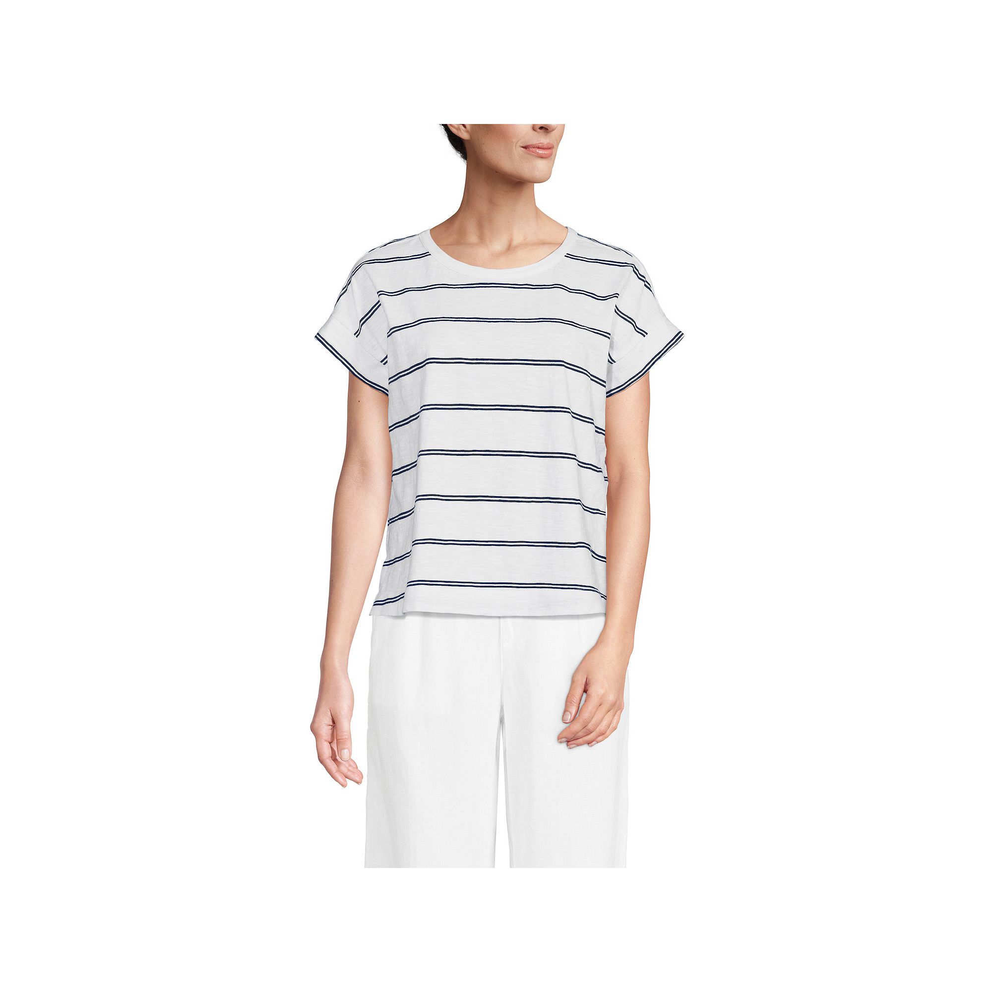 Womens Lands End Short Sleeve Boxy Slub Tee, Size: Large, White Deep
