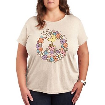 Plus Peanuts Woodstock Floral Peace Sign Graphic Tee