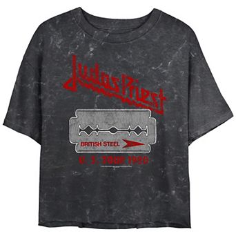 Juniors' Judas Priest British Steel U.S. Tour 1980 Crop Top Mineral Wash Graphic Tee