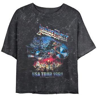 Juniors' Judas Priest USA Tour 1991 Crop Top Mineral Wash Graphic Tee